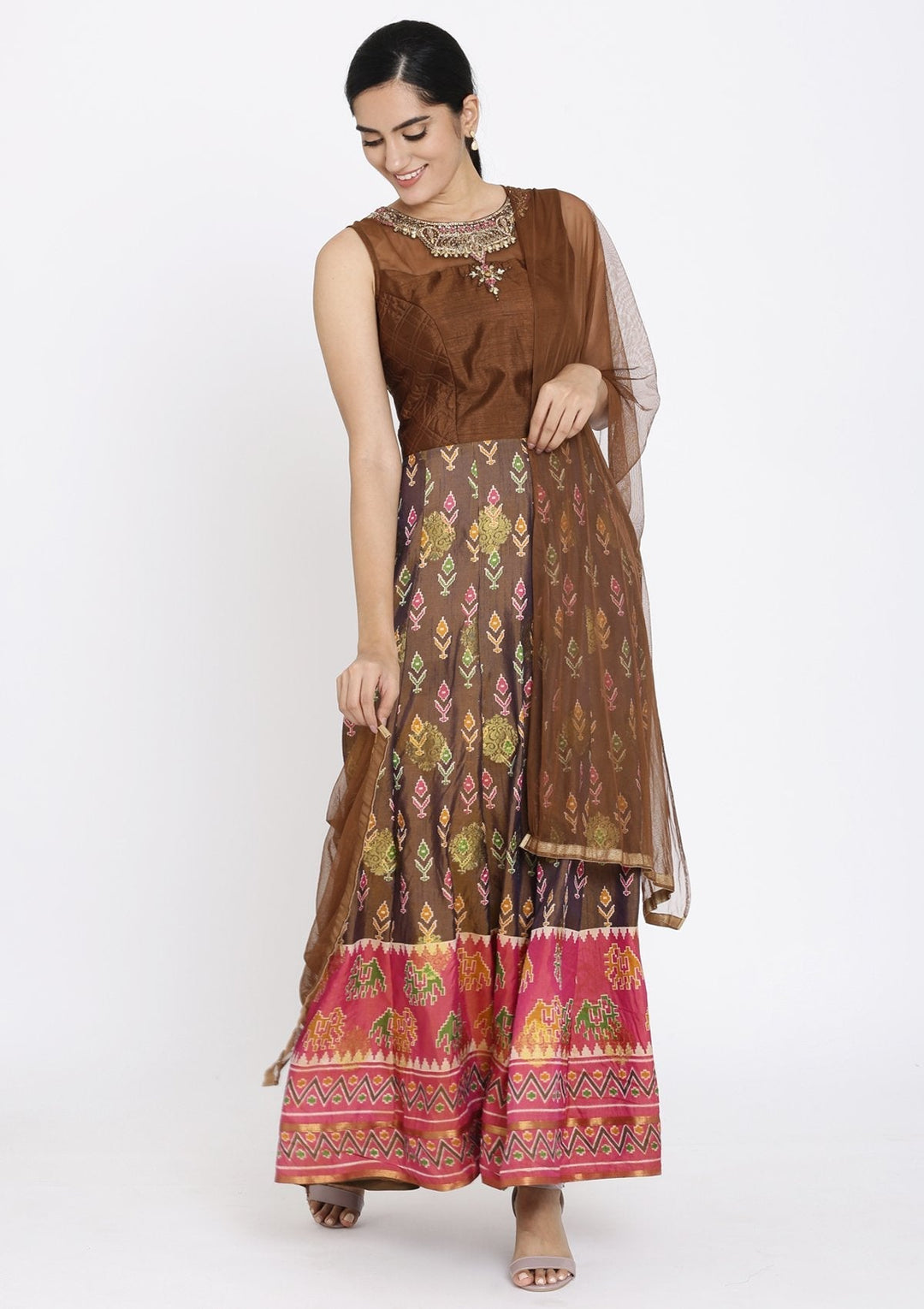 Brown Stonework Art Silk Designer Gown - koskii