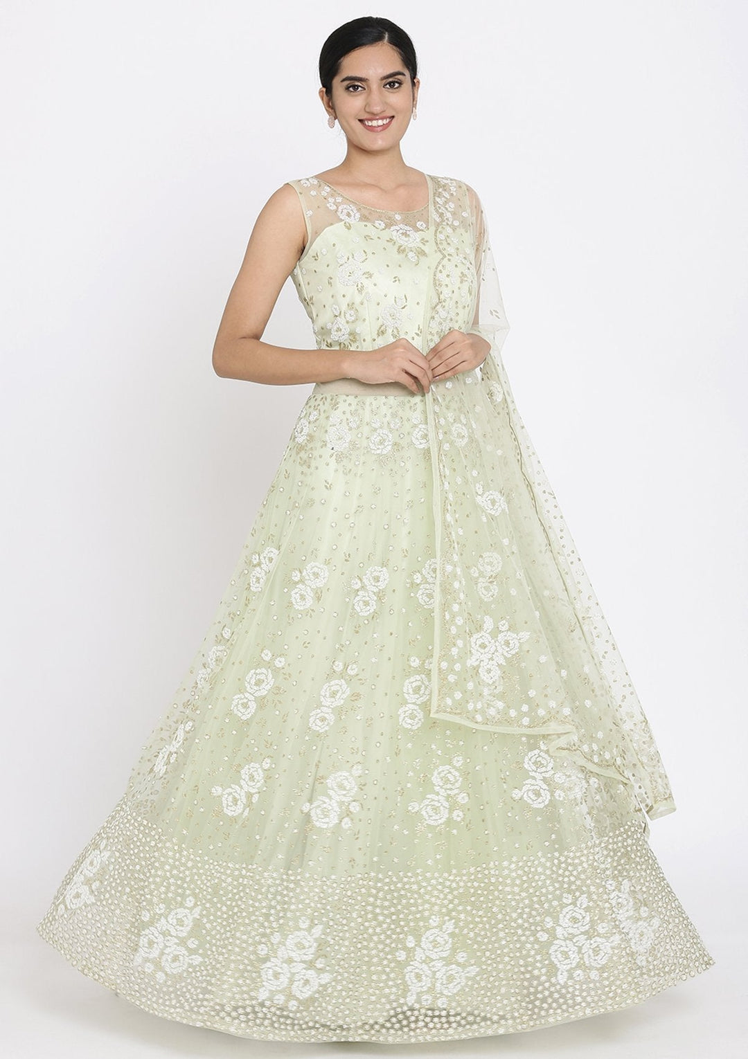 Pista Green Cutdana Net Designer Gown - koskii