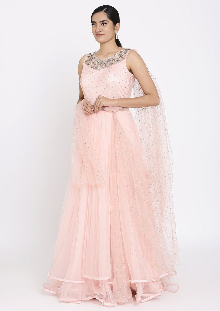 Baby Pink Stonework Net Designer Gown - koskii