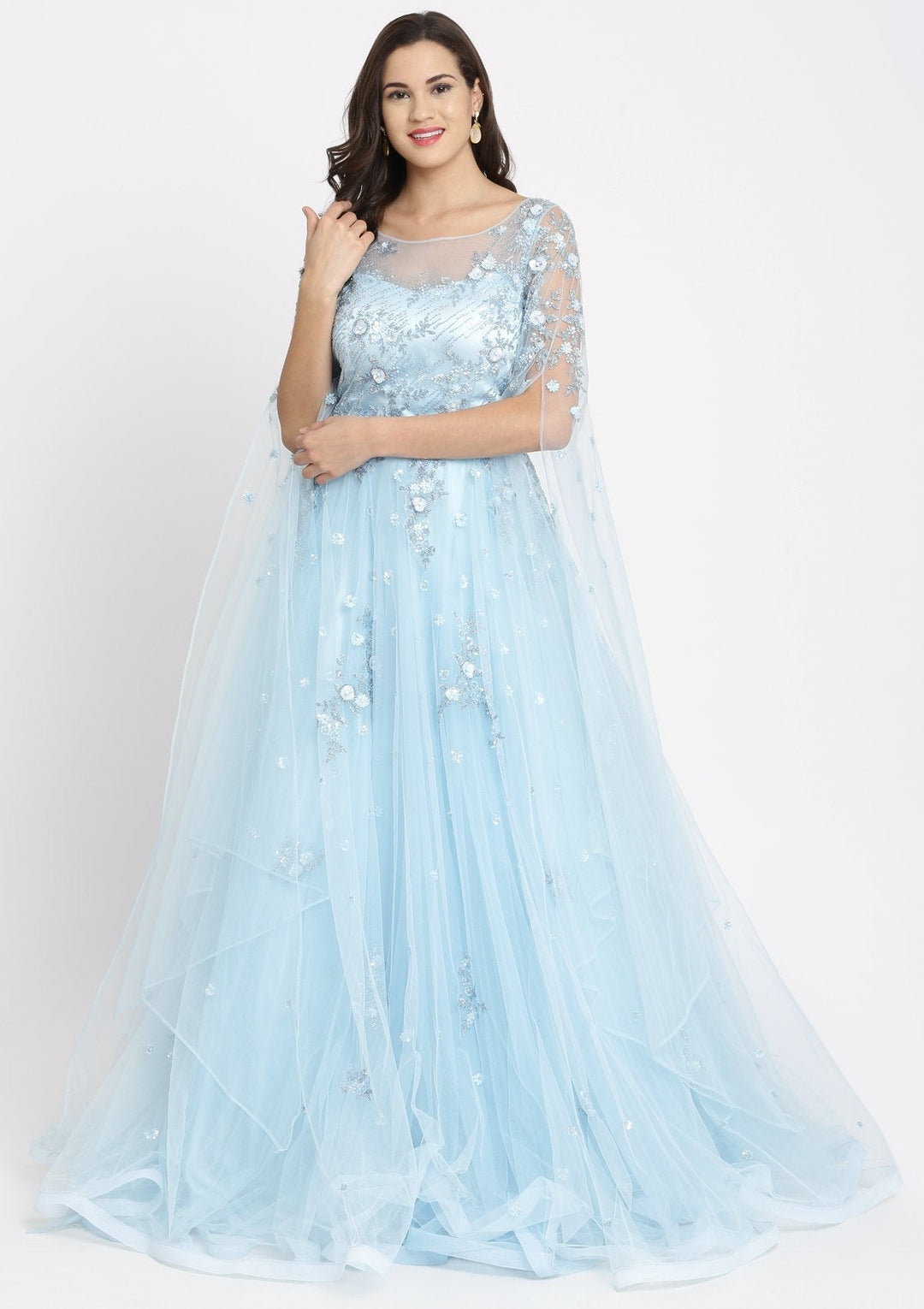 Sky Blue Cutdana Net Designer Gown-Koskii