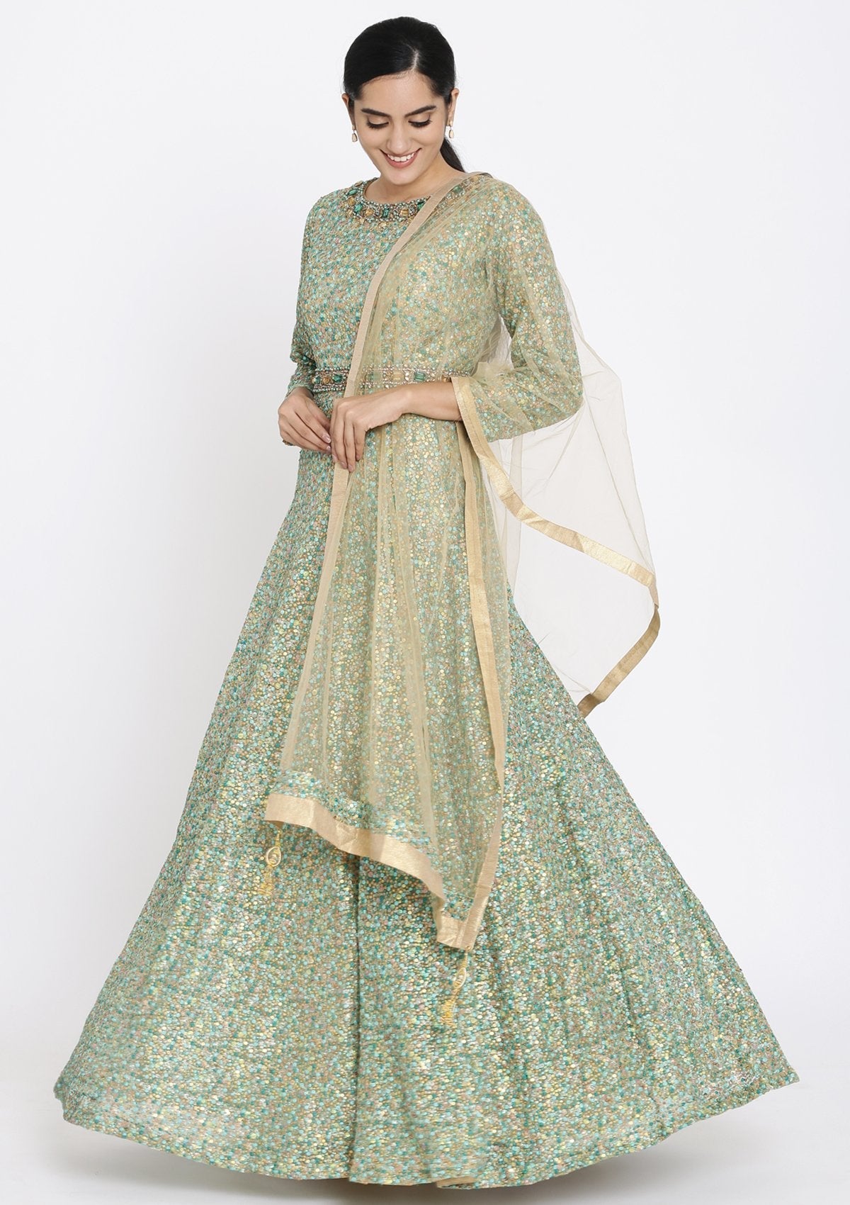 Rama Green Sequins Embellished Designer Gown - koskii