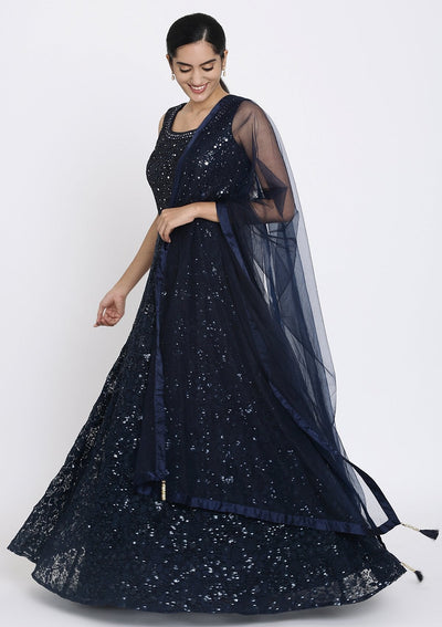 Navy Blue Chikankari Net Designer Gown - koskii