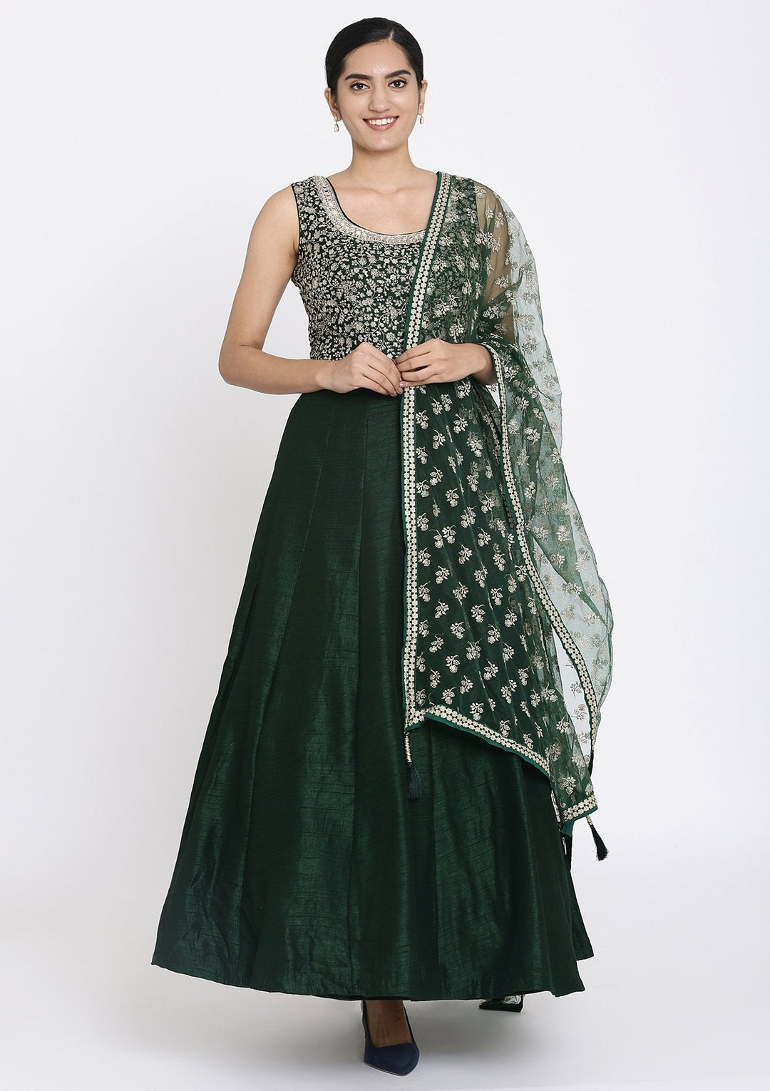 Bottle Green Zariwork Raw Silk Designer Gown - koskii