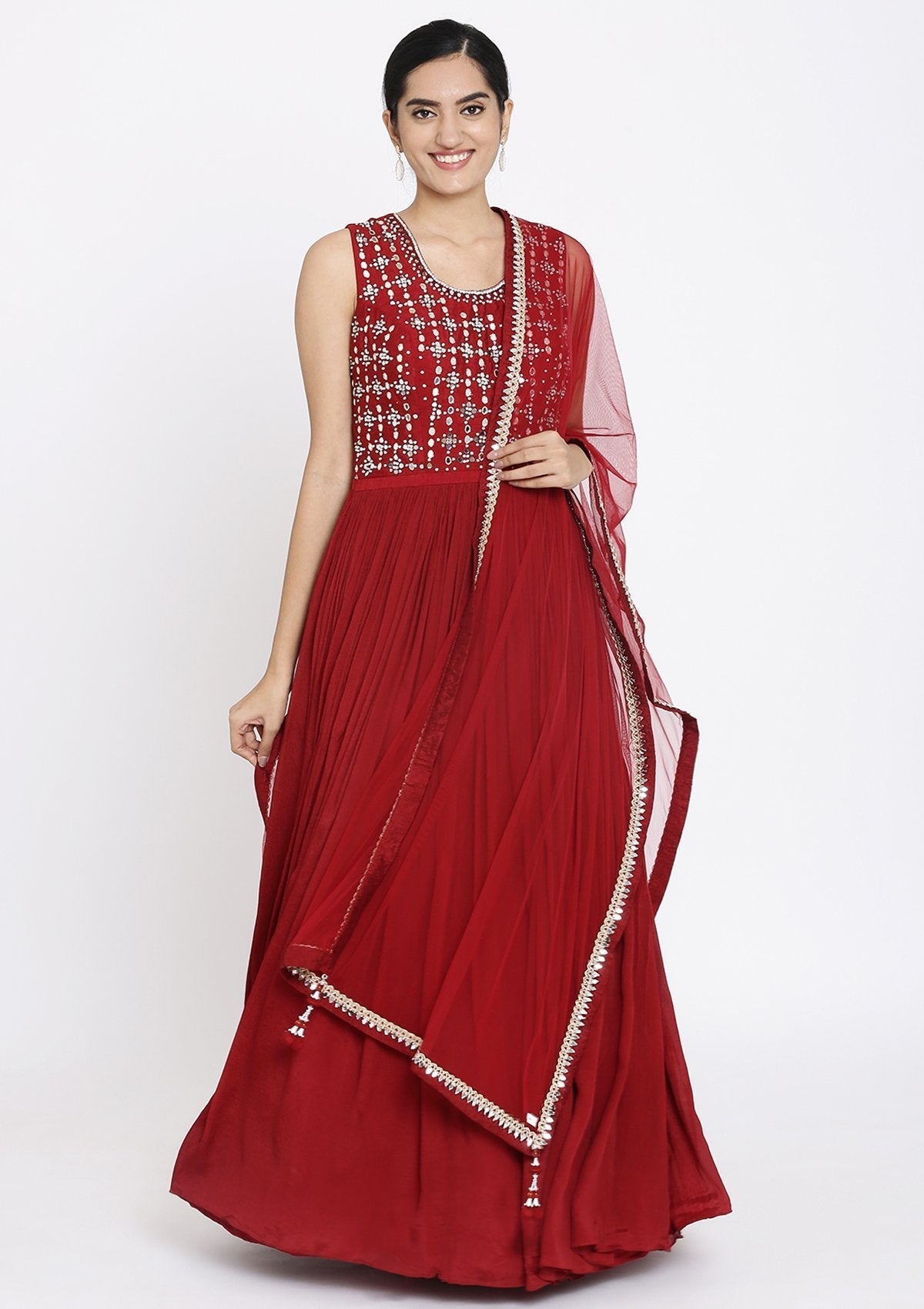 Maroon Mirrorwork Georgette Designer Gown - koskii