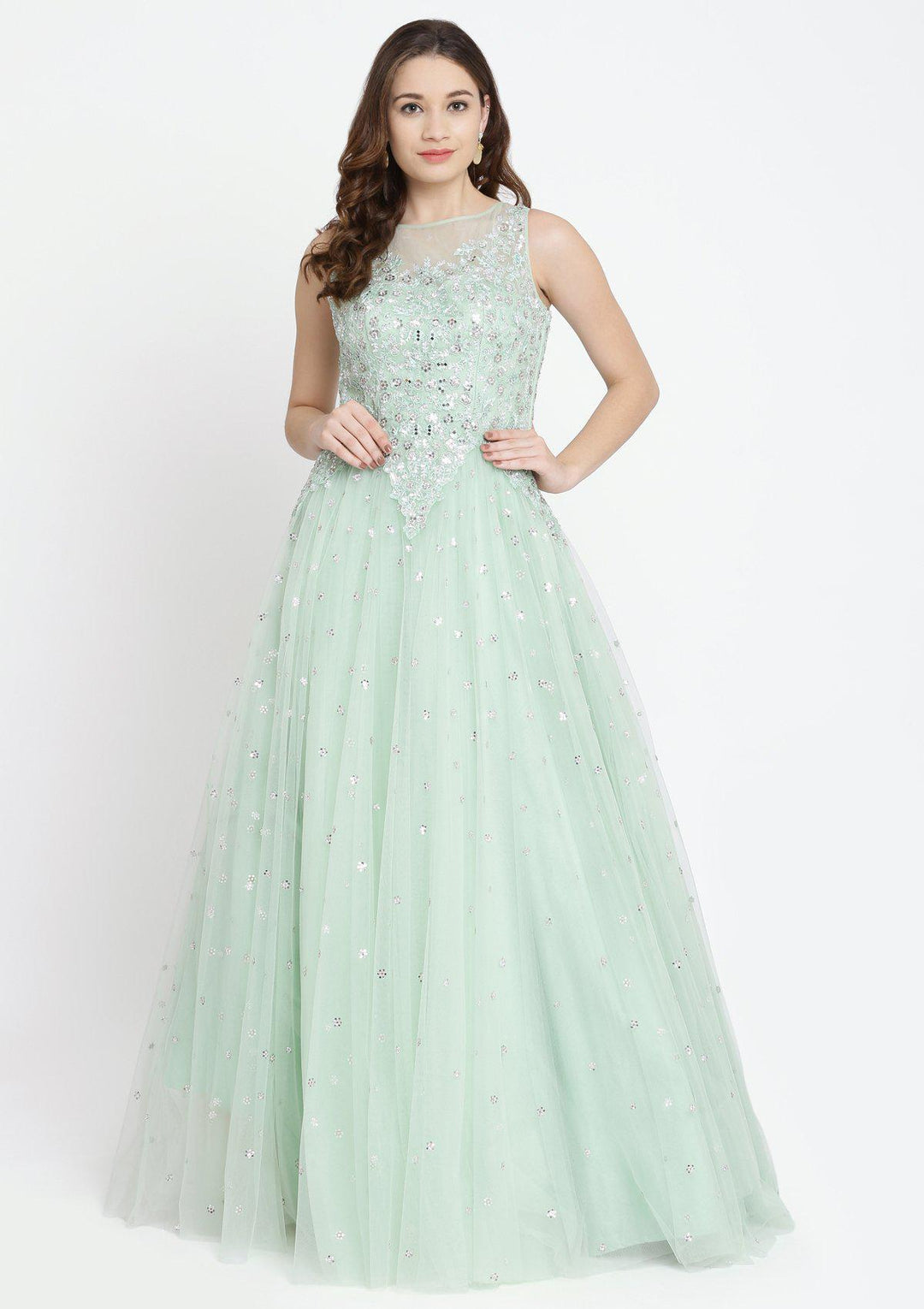 Pista Green Sequins Net Designer Gown-Koskii