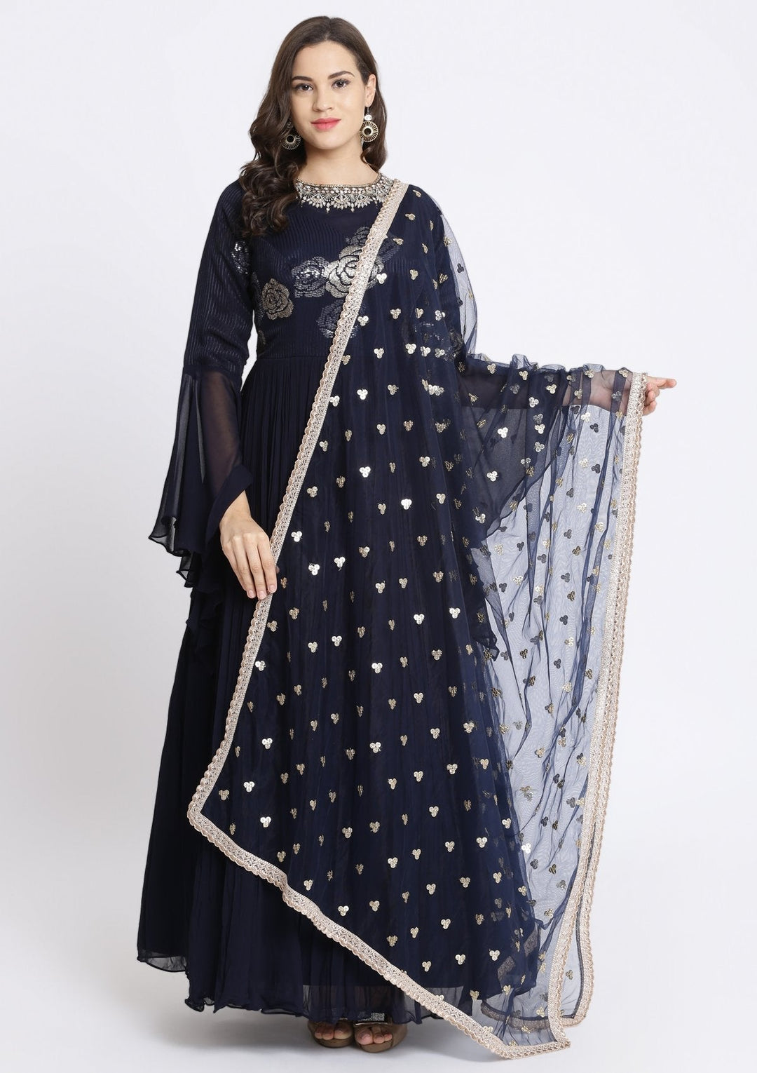 Navy Blue Sequinned Georgette Designer Gown-Koskii