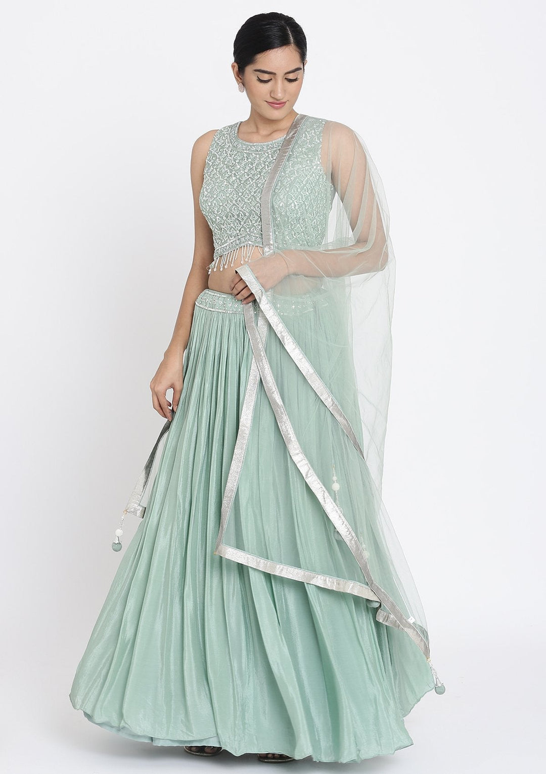 Pista Green Sequins Satin Designer Lehenga - koskii
