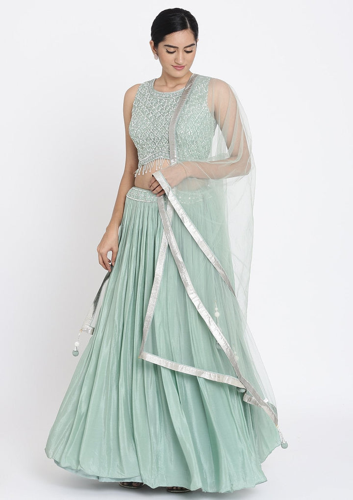 Pista Green Sequins Satin Designer Lehenga - koskii