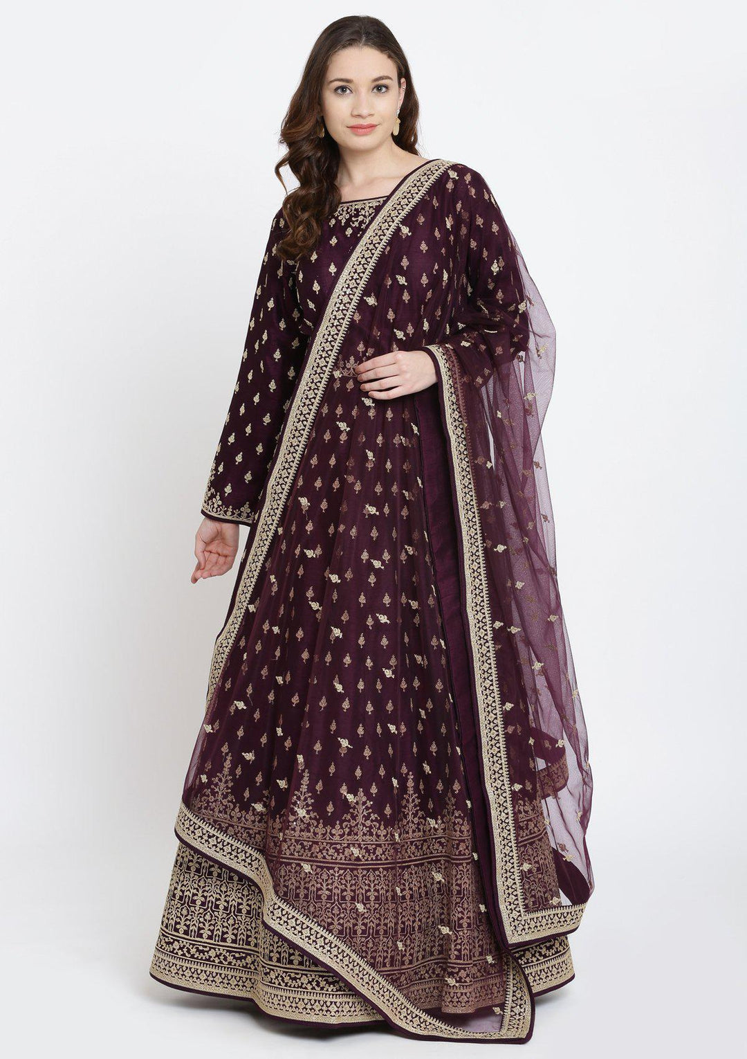 Wine Zariwork Raw Silk Designer Gown-Koskii