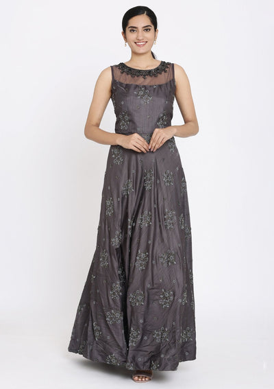 Dark Grey Cutdana Raw Silk Designer Gown - koskii
