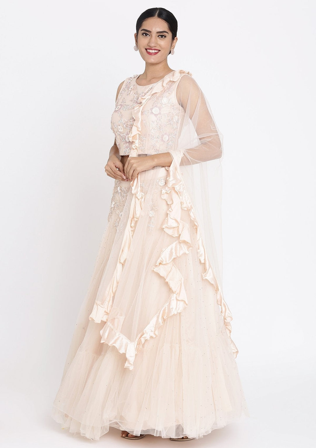 Peach Cutdana Net Designer Lehenga - koskii