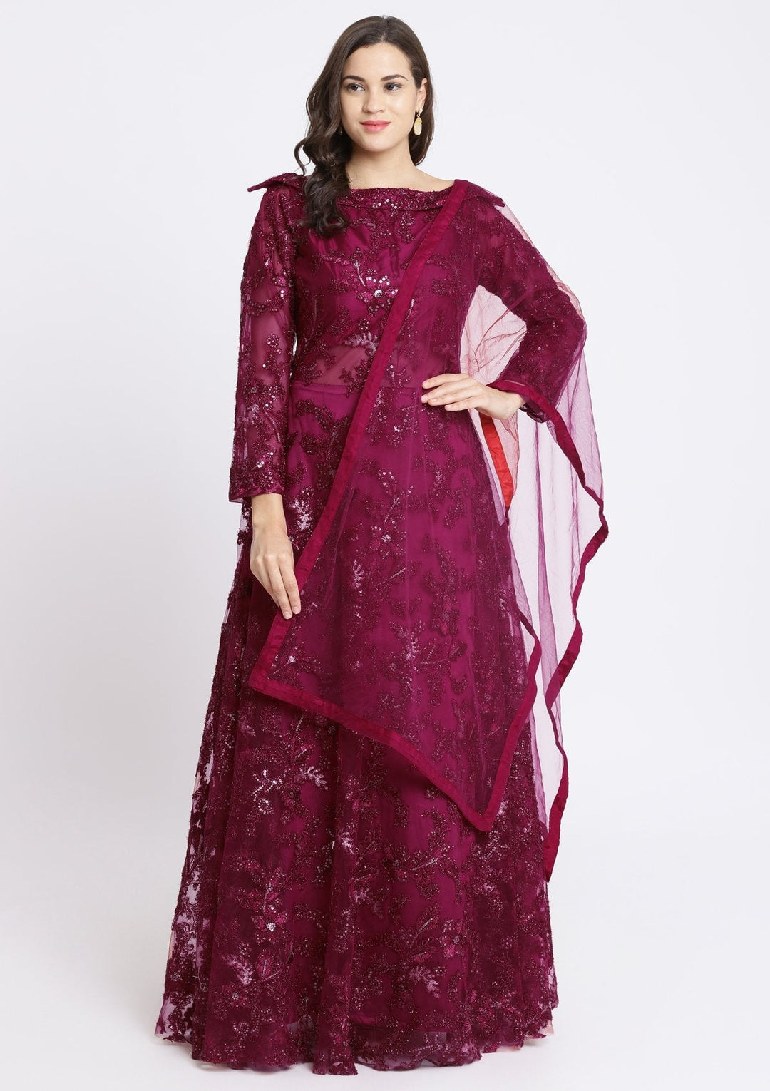 Maroon Sequinned Net Designer Gown-Koskii