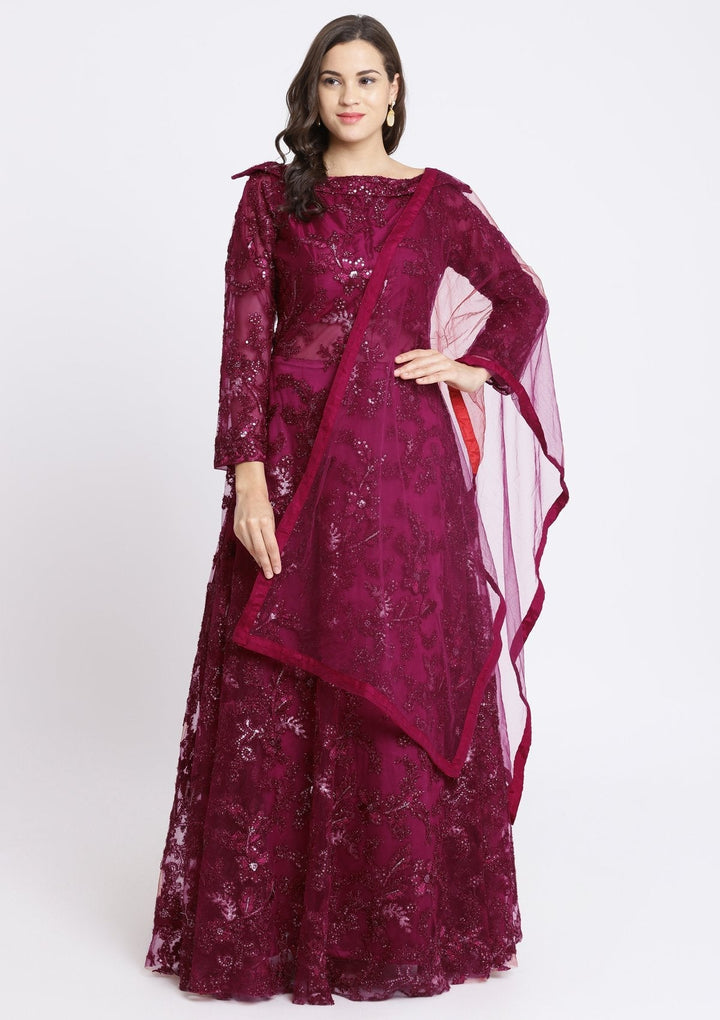 Maroon Sequinned Net Designer Gown-Koskii