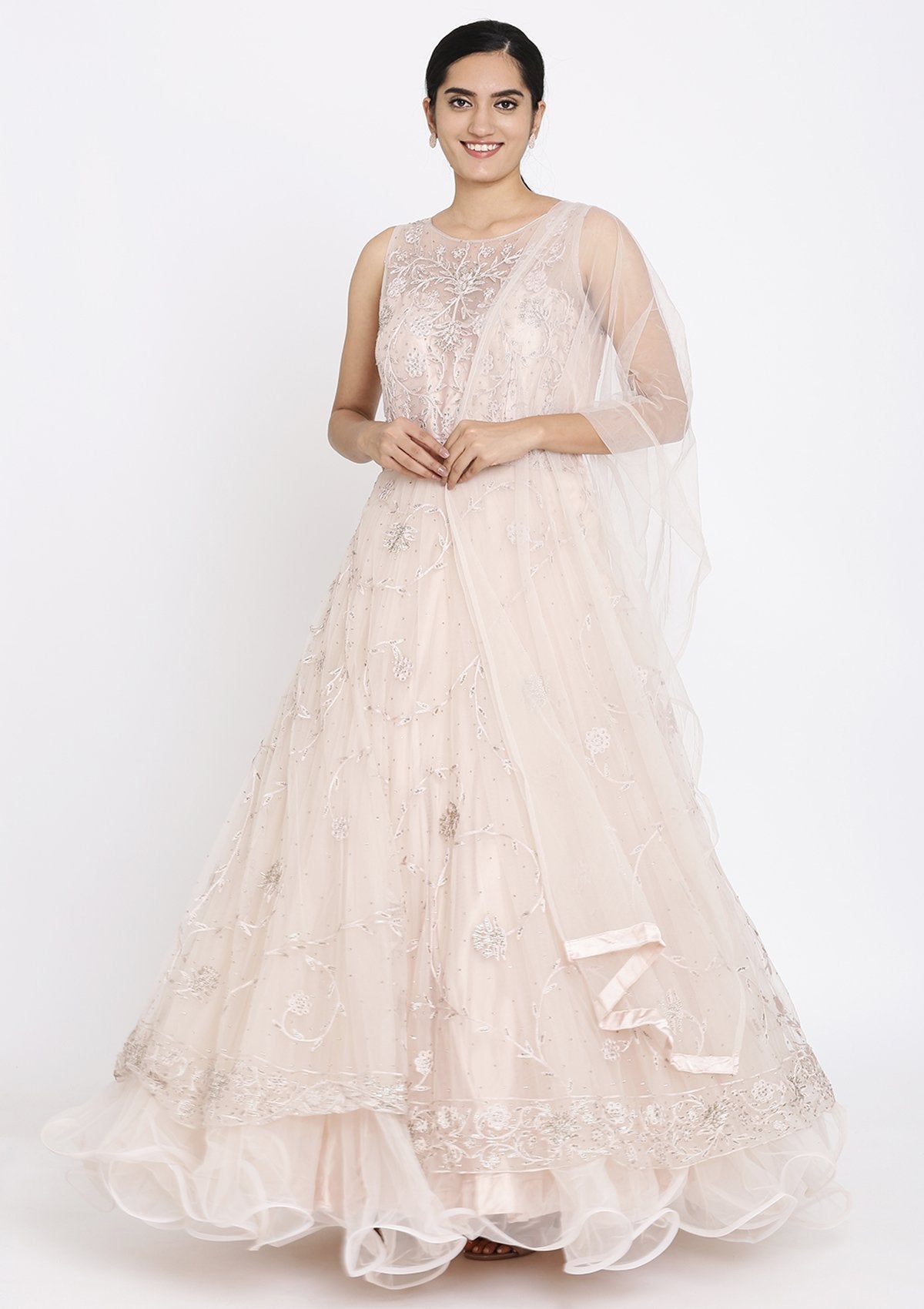 Beige Stonework Net Designer Gown - koskii