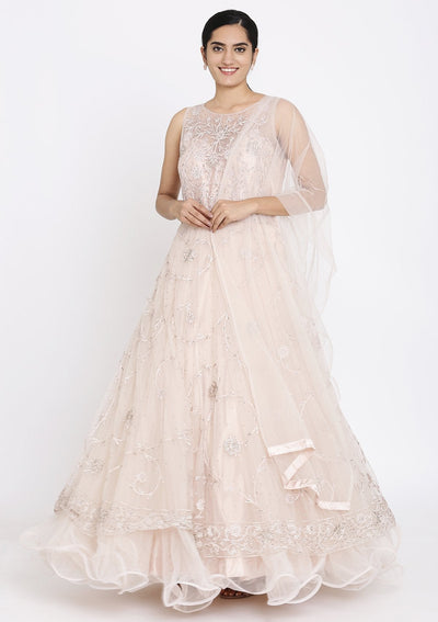 Beige Stonework Net Designer Gown - koskii