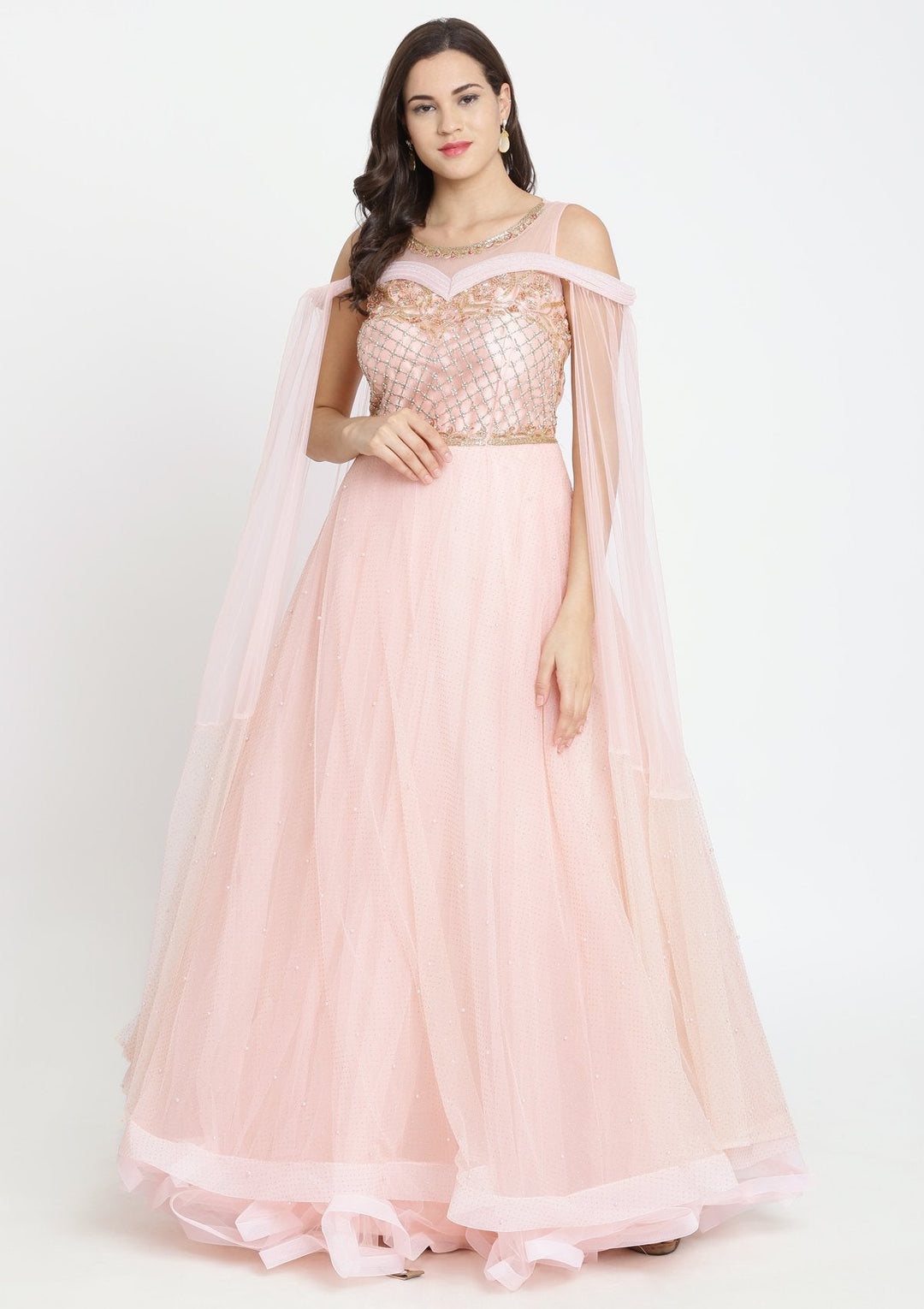 Baby Pink Cutdana Net Designer Gown-Koskii