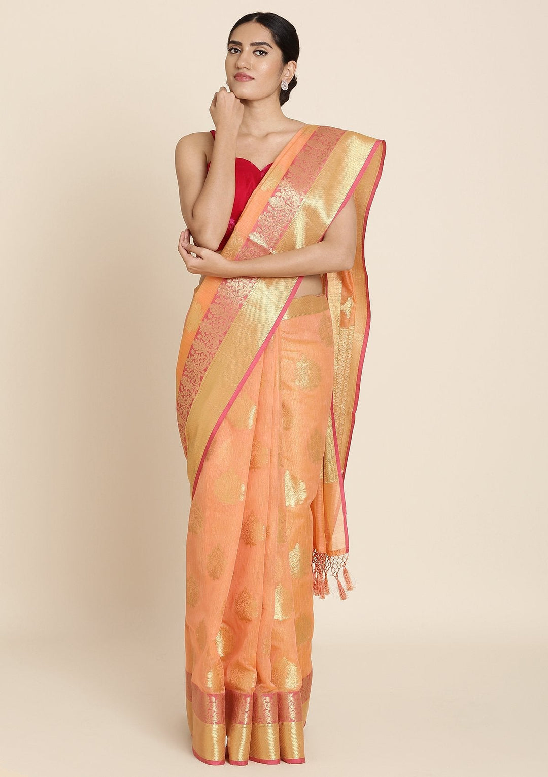 Peach And Pink Zariwork Brocade Designer Saree - koskii