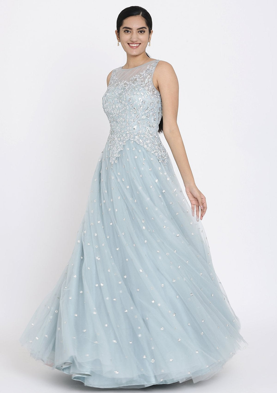 Light Grey Sequins Net Designer Gown - koskii
