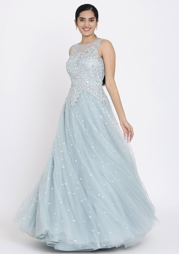Light Grey Sequins Net Designer Gown - koskii