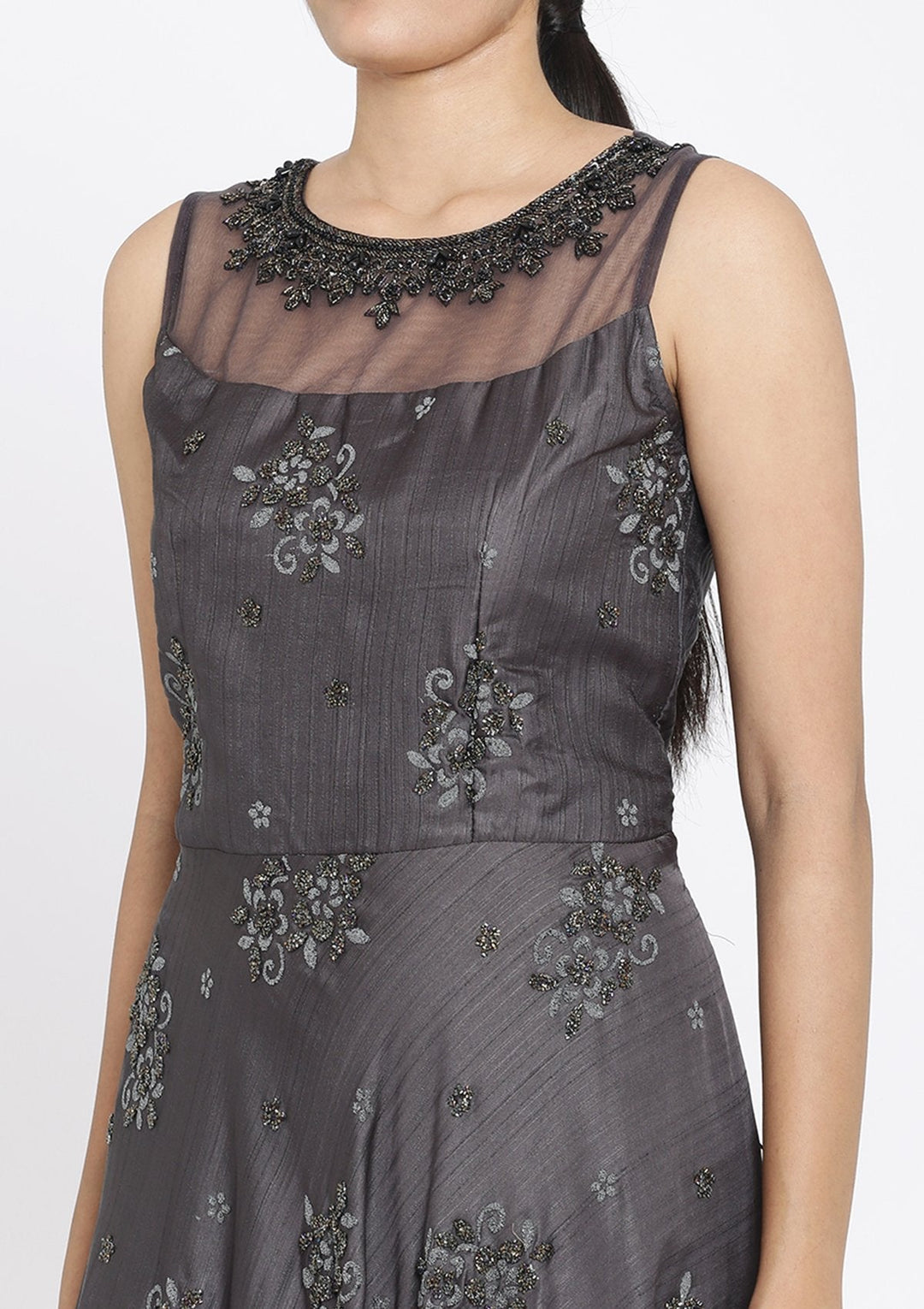 Dark Grey Cutdana Raw Silk Designer Gown - koskii