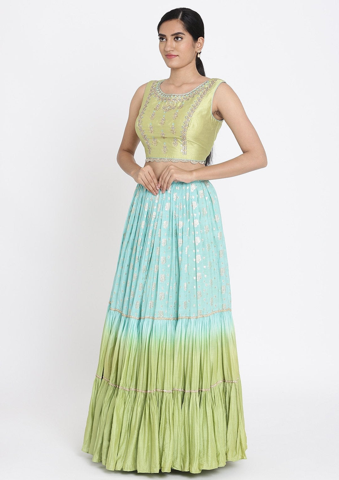 Sea Green And Pista Green Gotapatti Art Silk Designer Lehenga - koskii