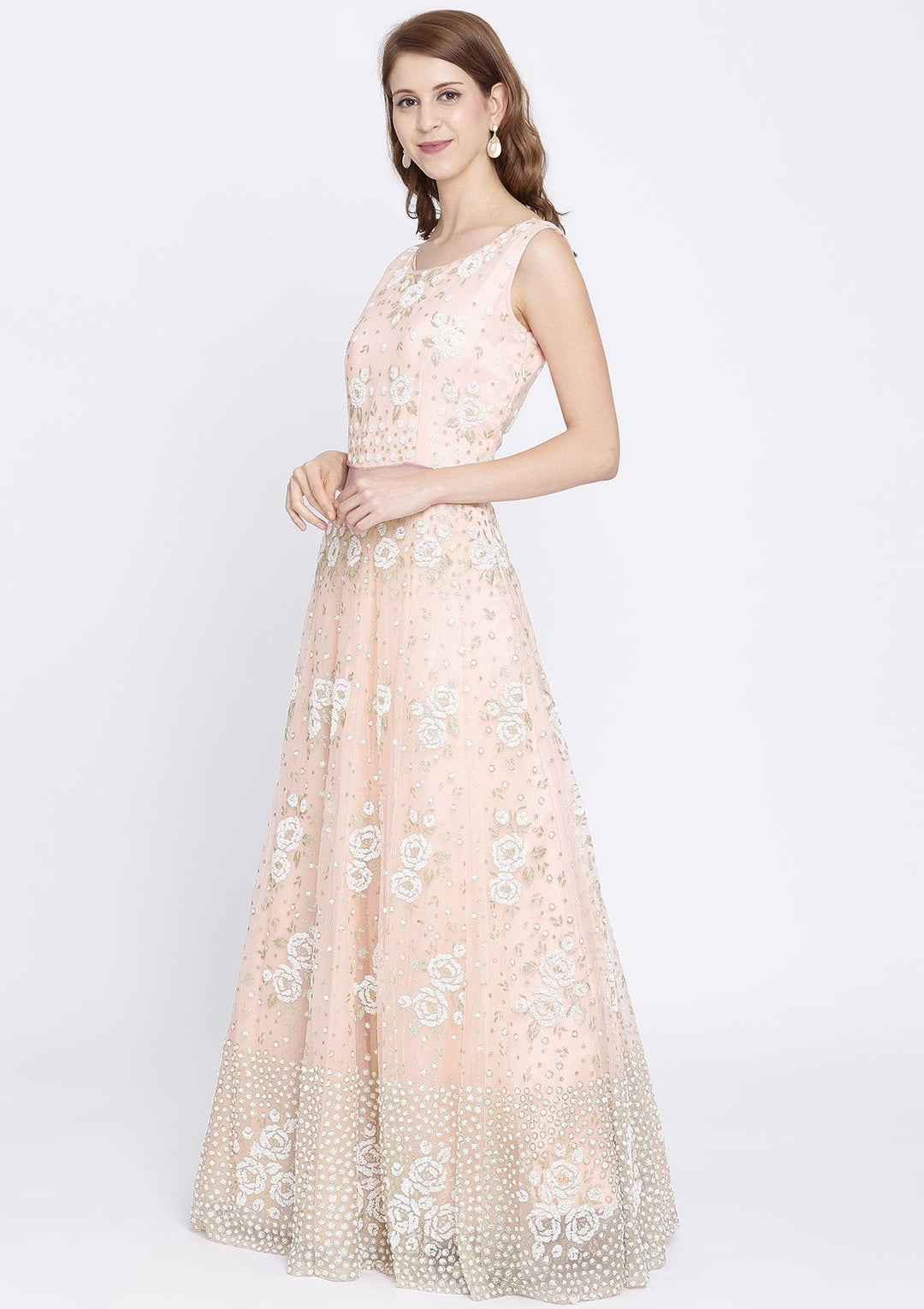Baby Pink Cutdana Net Designer Gown-Koskii