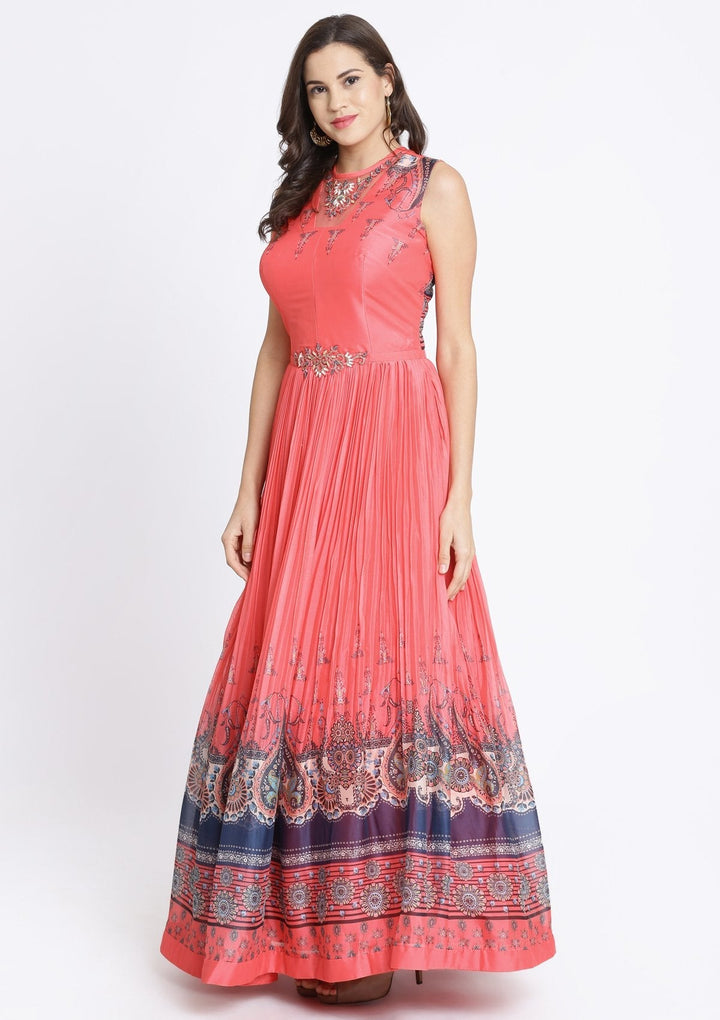 Coral Printed Georgette Designer Gown-Koskii