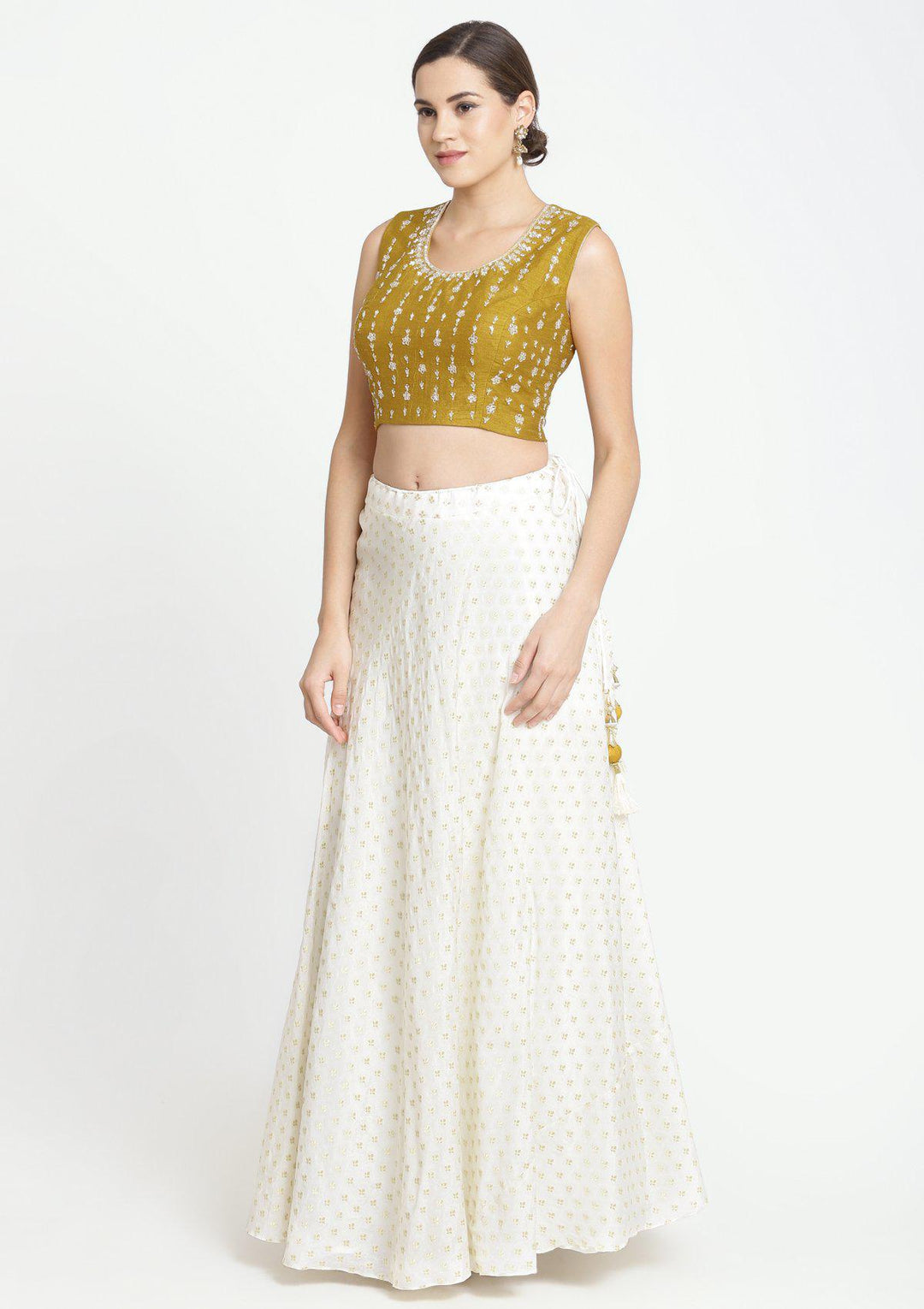 Mustard and Cream Zardozi Chanderi Designer Lehenga-Koskii