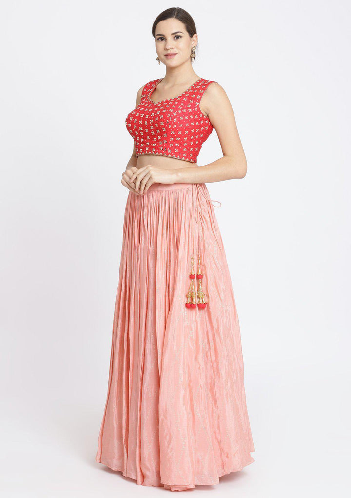 Peach and Fuschia Mirrorwork Satin Designer Lehenga-Koskii