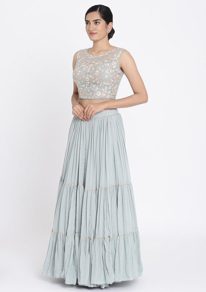 Light Grey Threadwork Georgette Designer Lehenga - koskii
