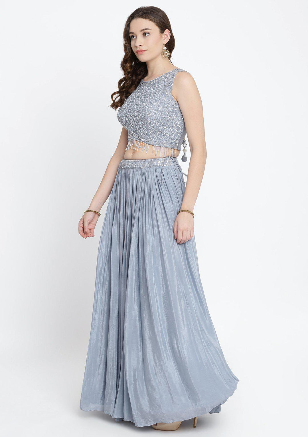 Light Grey Sequinned Satin Designer Lehenga-Koskii