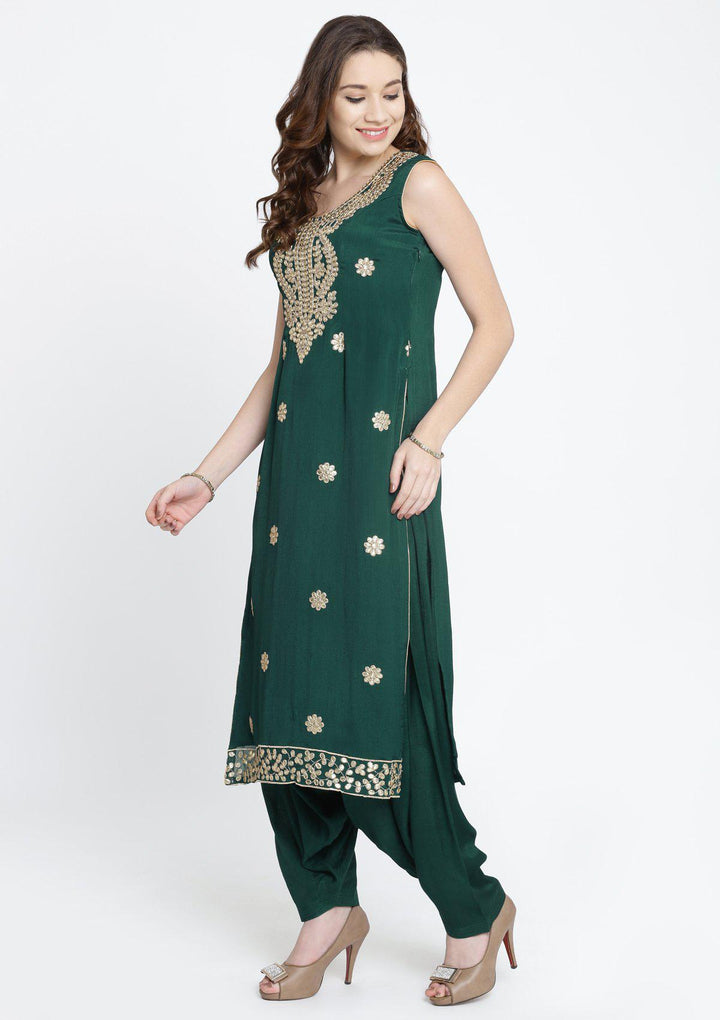 Bottle Green Gotapatti Semi Crepe Designer Salwar Suit-Koskii