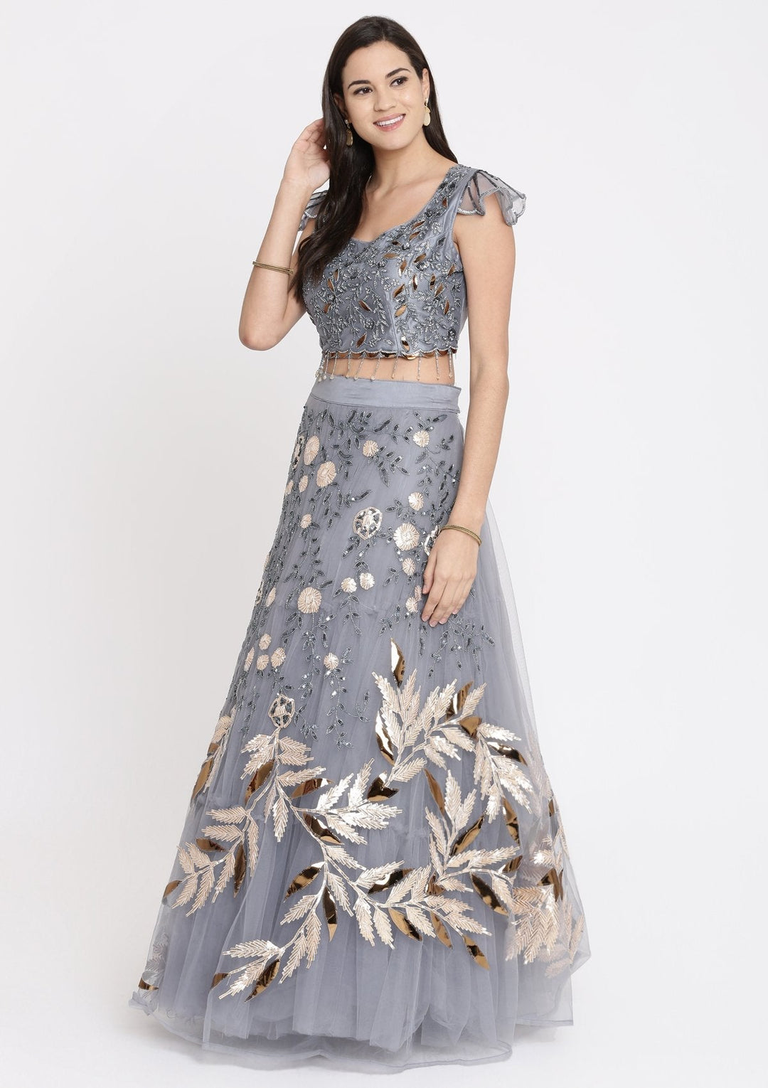 Dark Grey Cutdana Net Designer Lehenga-Koskii