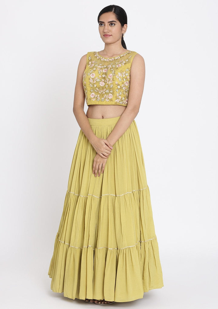 Mehendi Threadwork Georgette Designer Lehenga - koskii