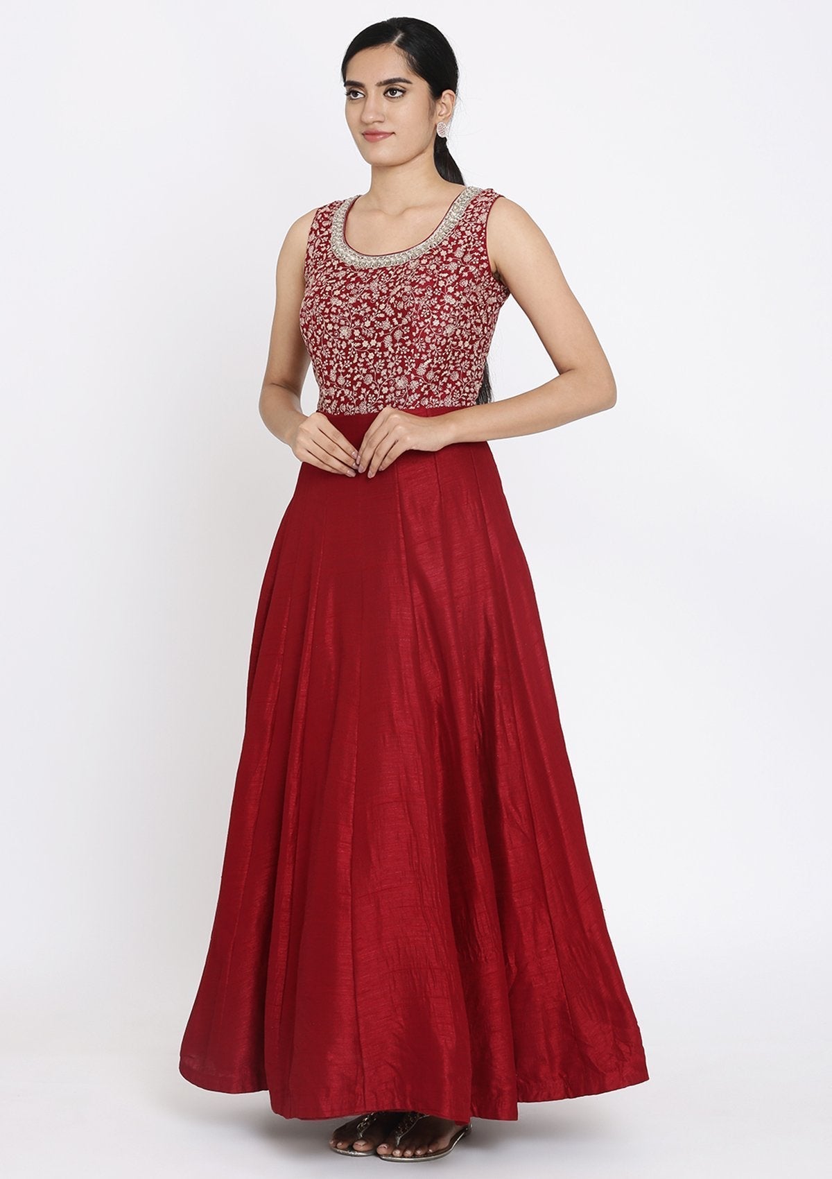 Maroon Zariwork Raw Silk Designer Gown - koskii