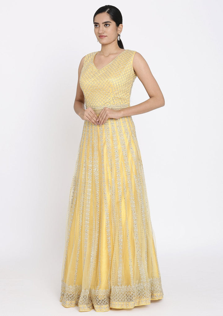 Yellow Silver Stonework Net Designer Gown - koskii
