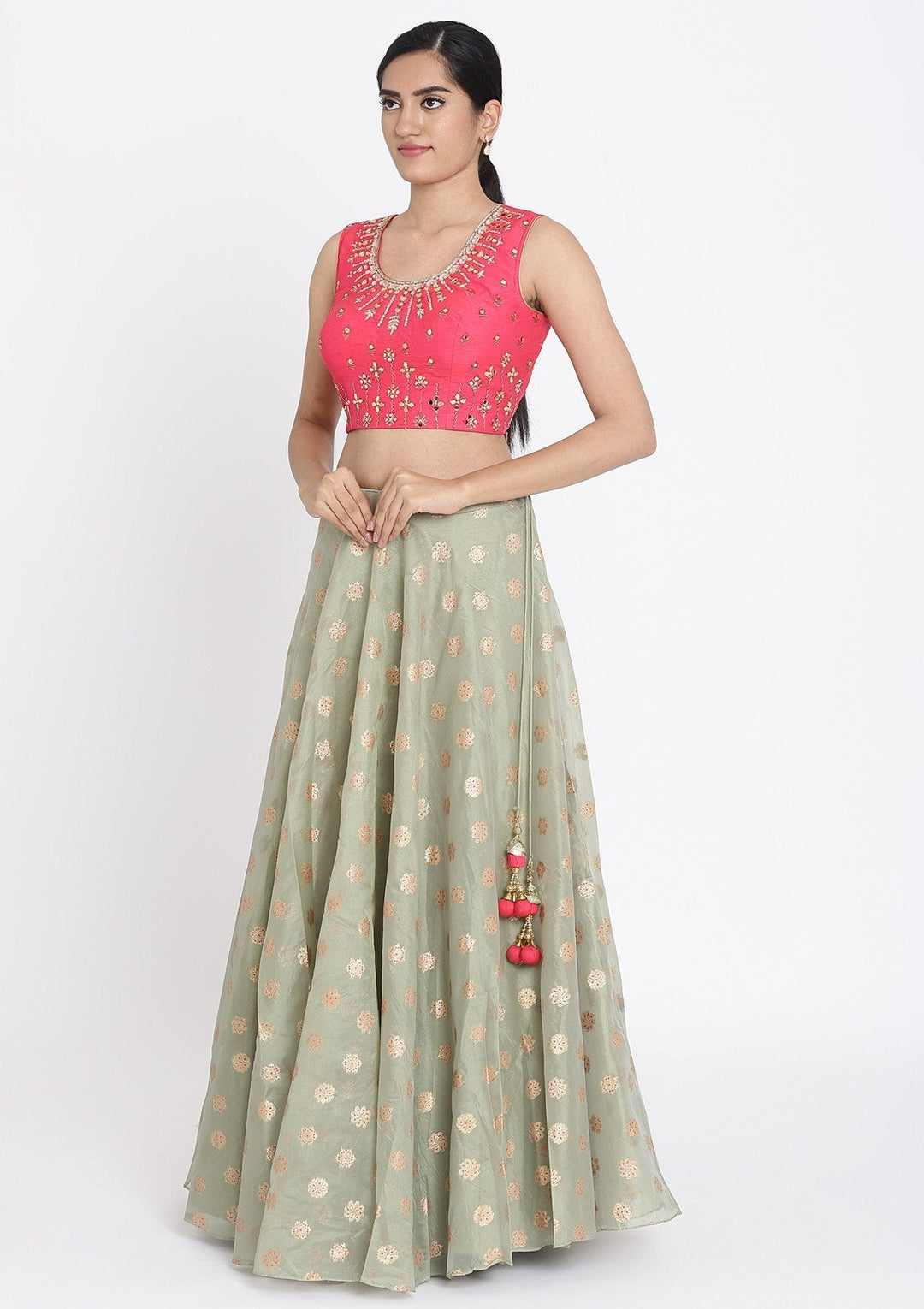 Pista Green And Pink Mirrorwork Tissue Designer Lehenga - koskii