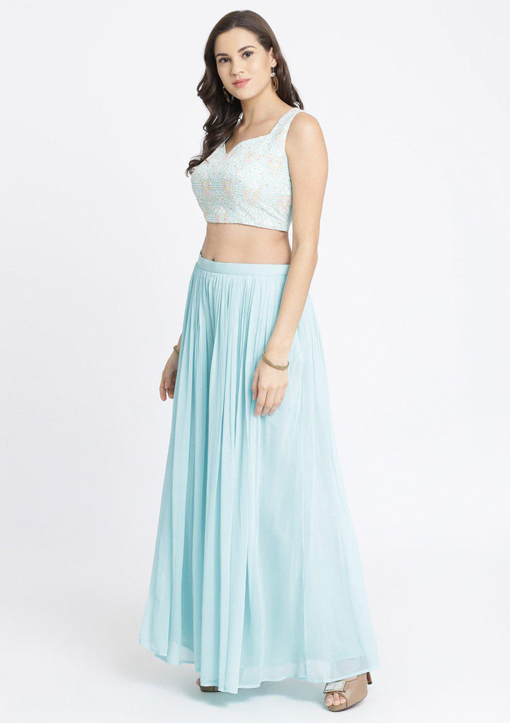 Sky Blue Threadwork Georgette Designer Crop Top Set-Koskii
