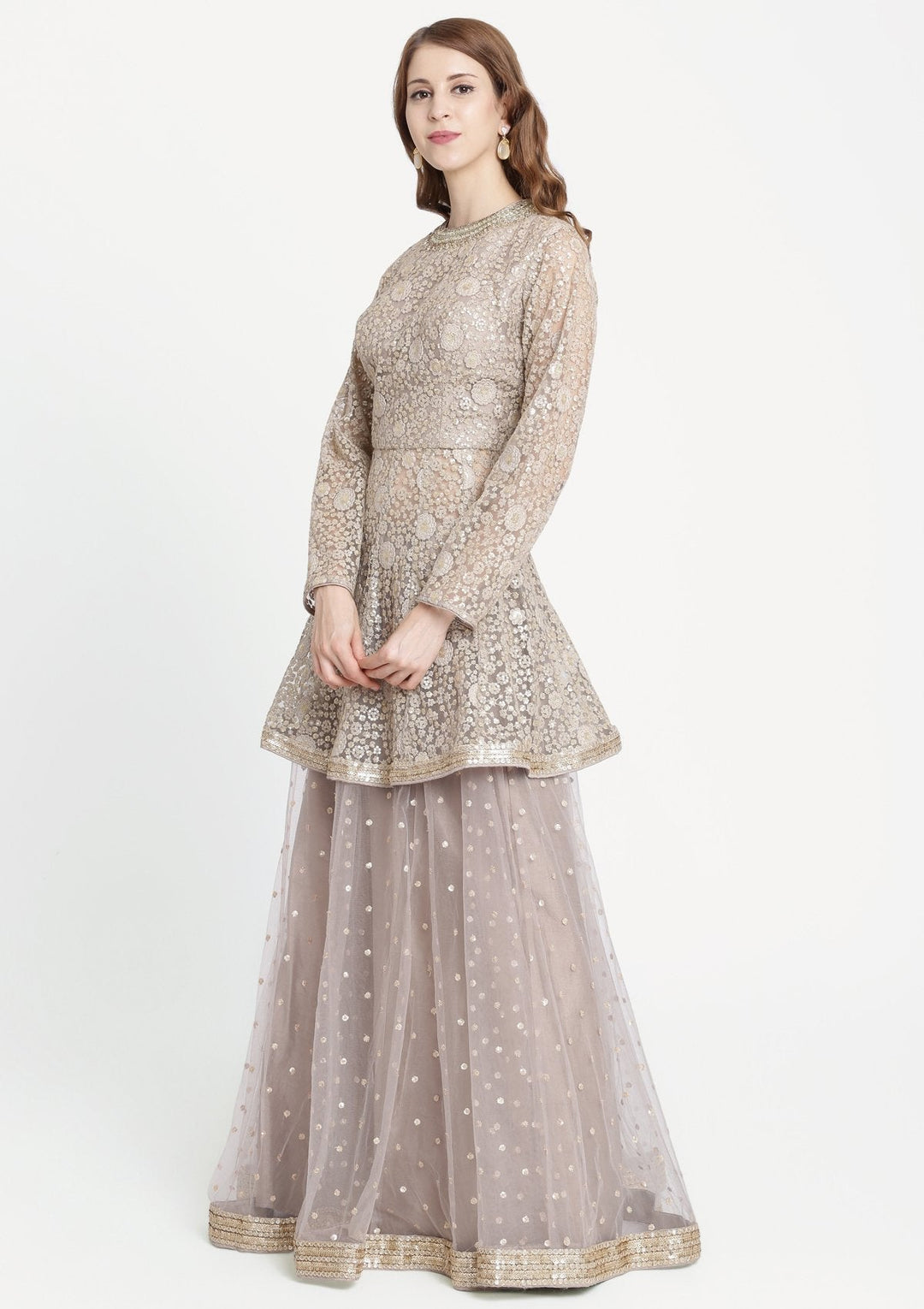Light Grey Mirrorwork Net Designer Sharara-Koskii