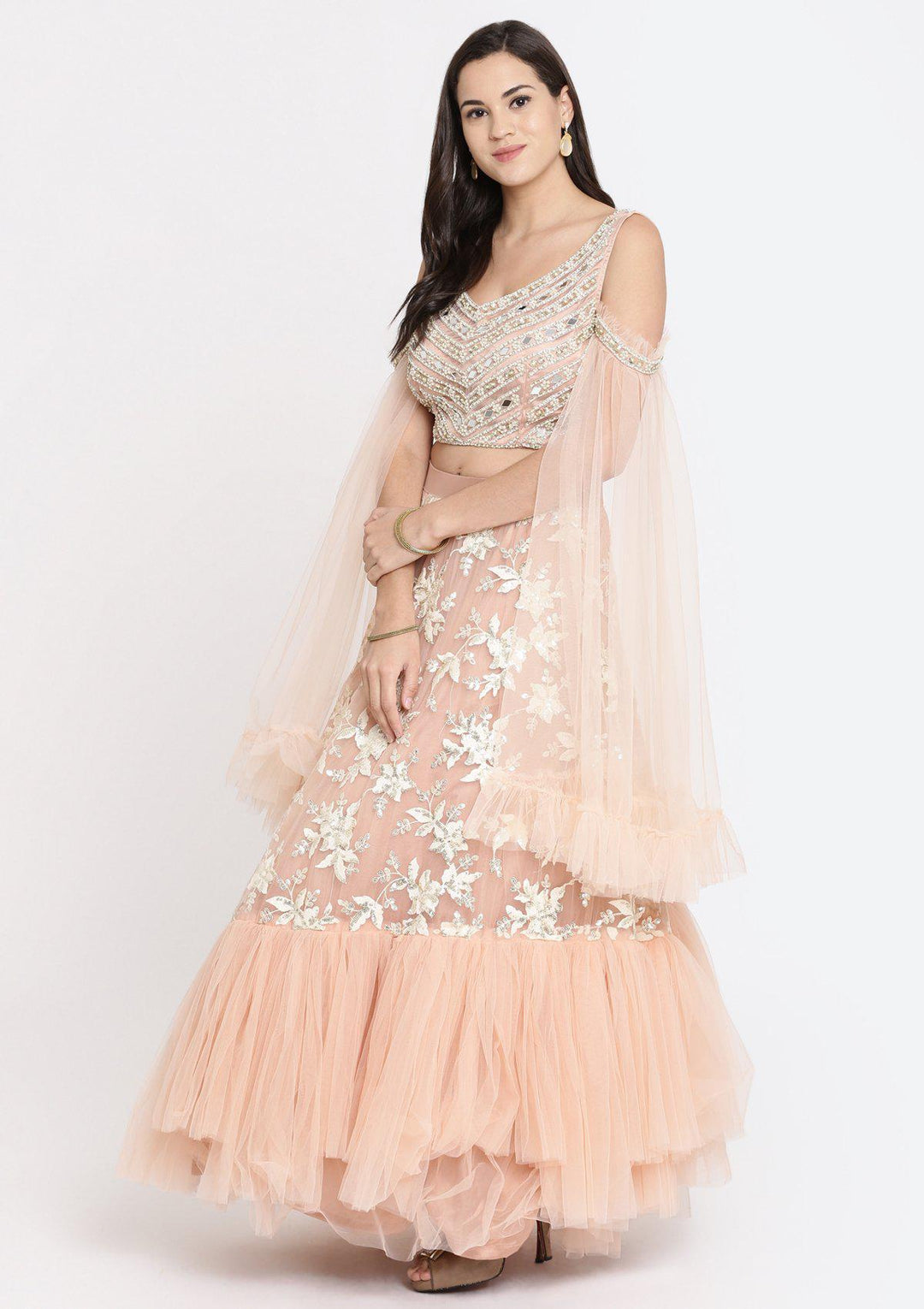 Peach Pearlwork Net Designer Lehenga-Koskii