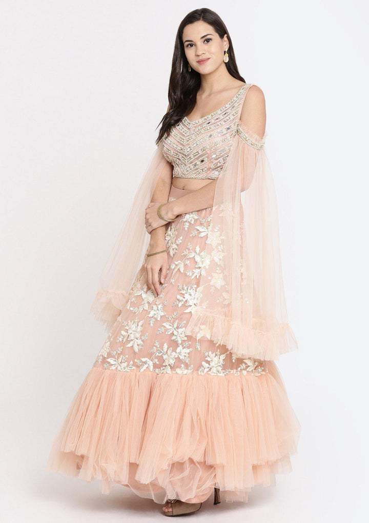 Peach Pearlwork Net Designer Lehenga-Koskii