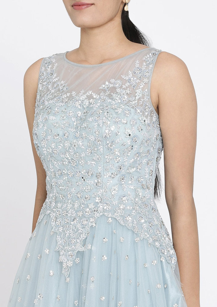 Light Grey Sequins Net Designer Gown - koskii