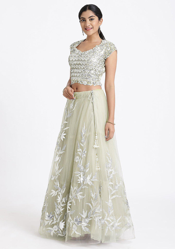 Pista Green Sequinned Net Designer Lehenga-Koskii
