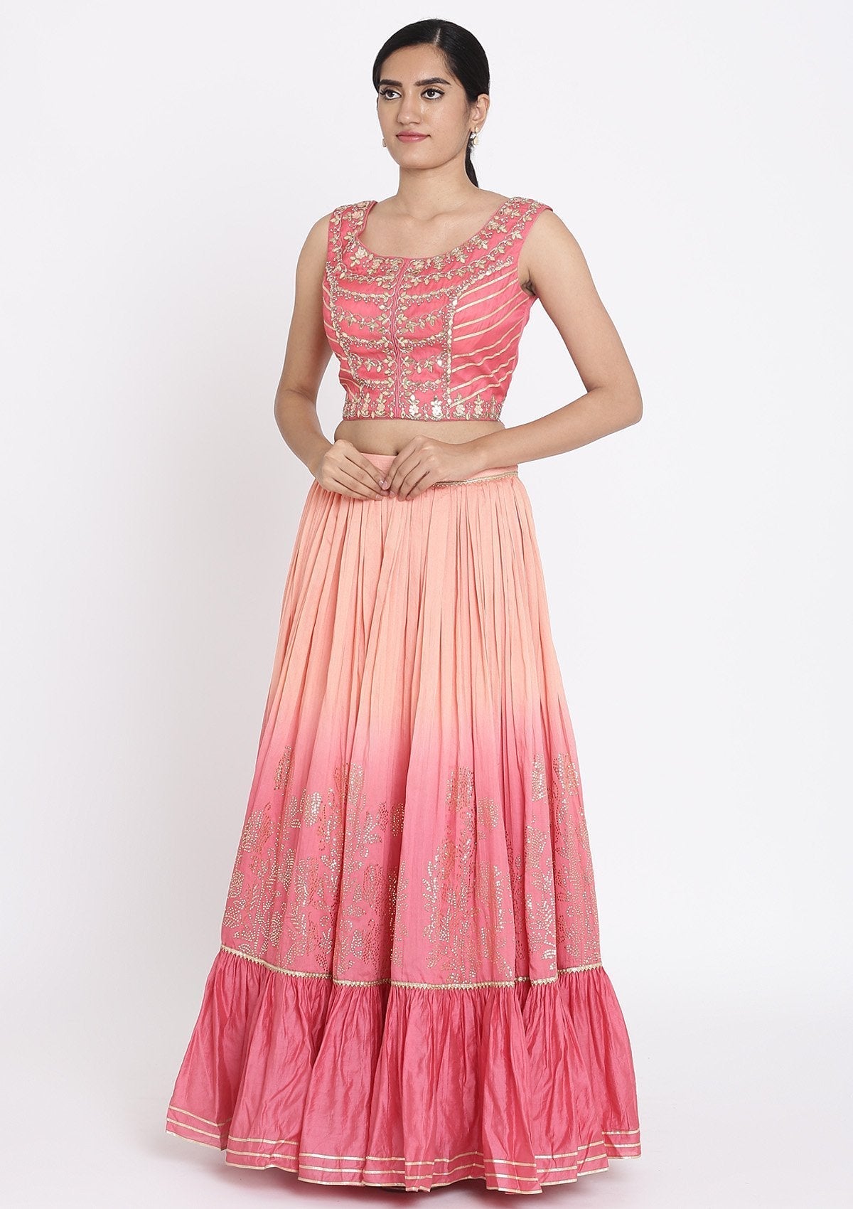 Pink And Peach Gotapatti Georgette Designer Lehenga - koskii