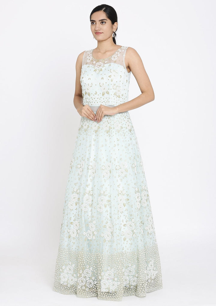 Sky Blue Cutdana Net Designer Gown - koskii