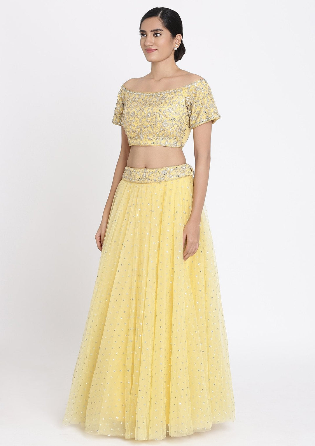 Yellow Zariwork Net Designer Lehenga - koskii