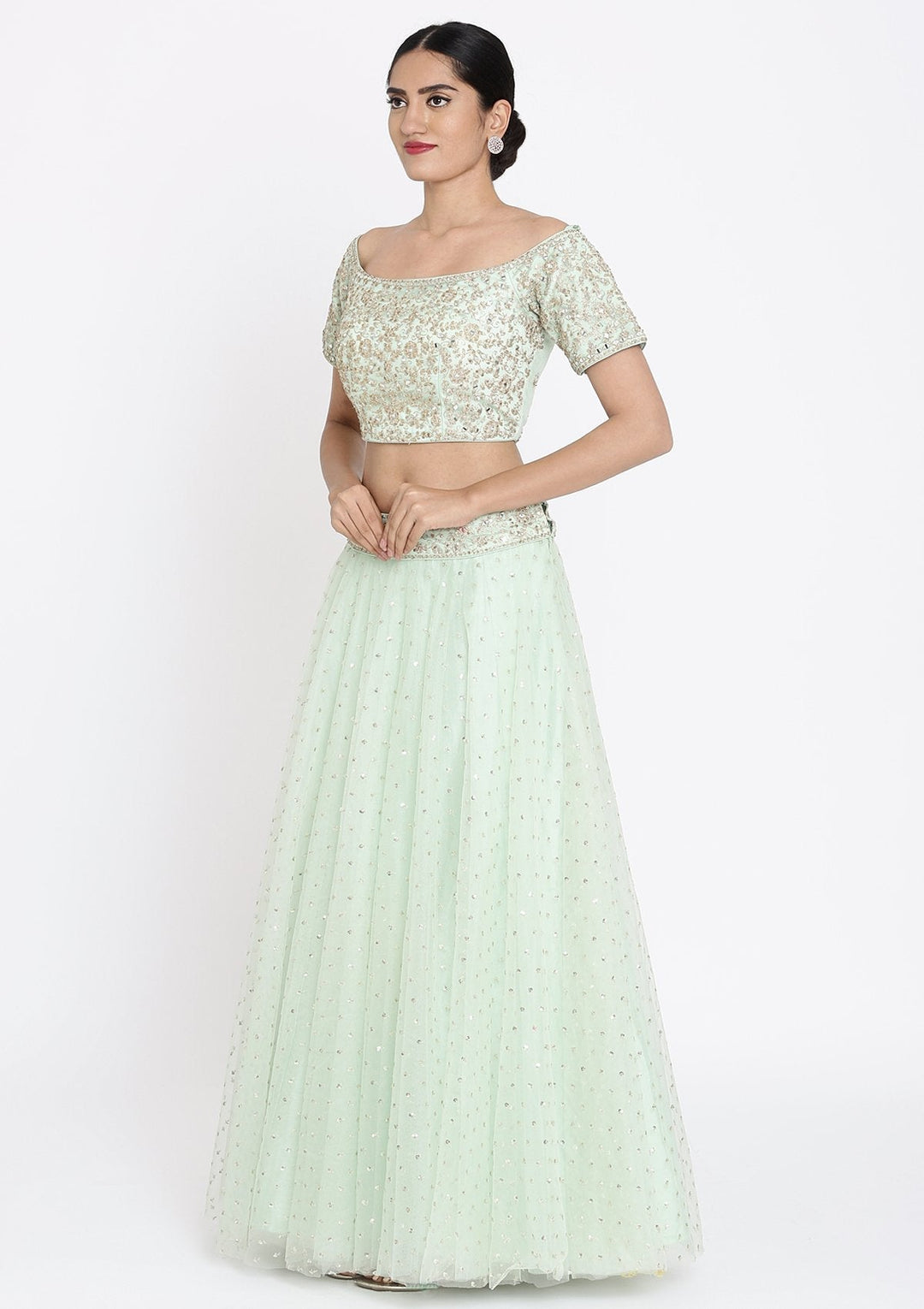 Pista Green Zariwork Net Designer Lehenga - koskii
