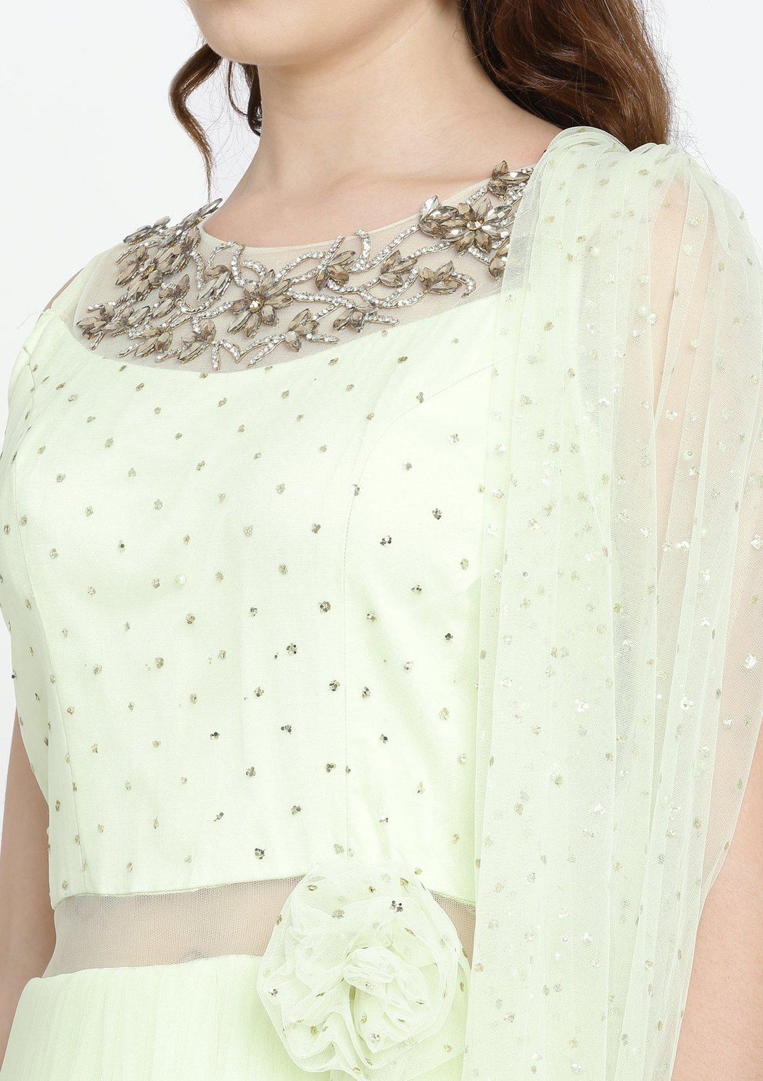 Pista Green Stonework Net Designer Gown-Koskii