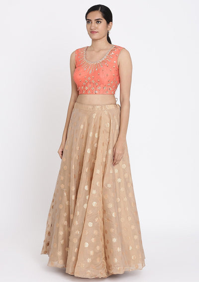 Light Brown And Peach Mirrorwork Tissue Designer Lehenga - koskii