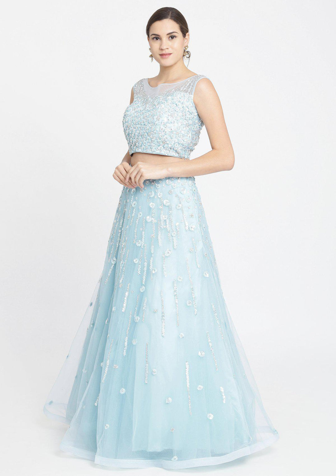 Sky Blue Sequins Net Designer Lehenga-Koskii